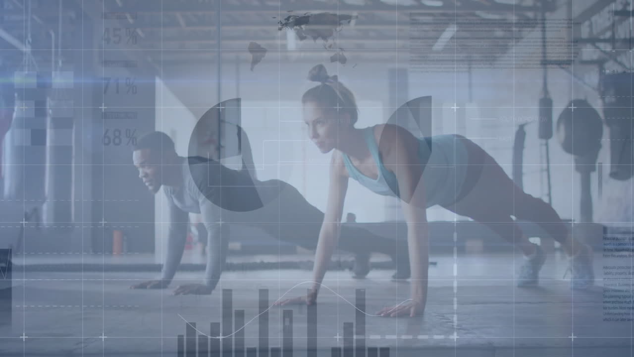 Workout partners performing push-ups in gym with animated data graphics overlaying scene