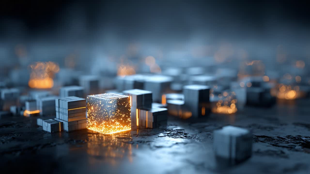 Een betoverende weergave van gloeiende kubussen die een mysterieus landschap verlichten: een raadselachtige samensmelting van licht en vorm in een donkere, getextureerde omgeving.