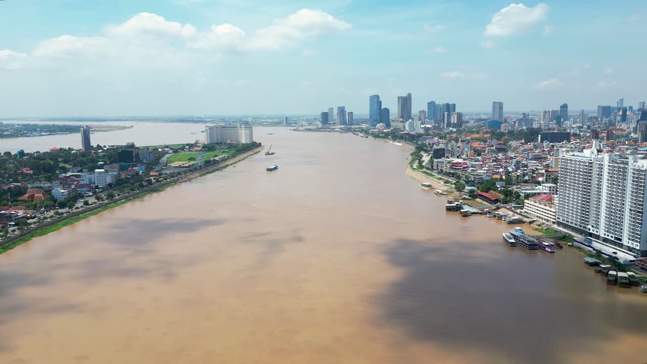Aerial View of Phnom Penh Cityscape with Mekong River