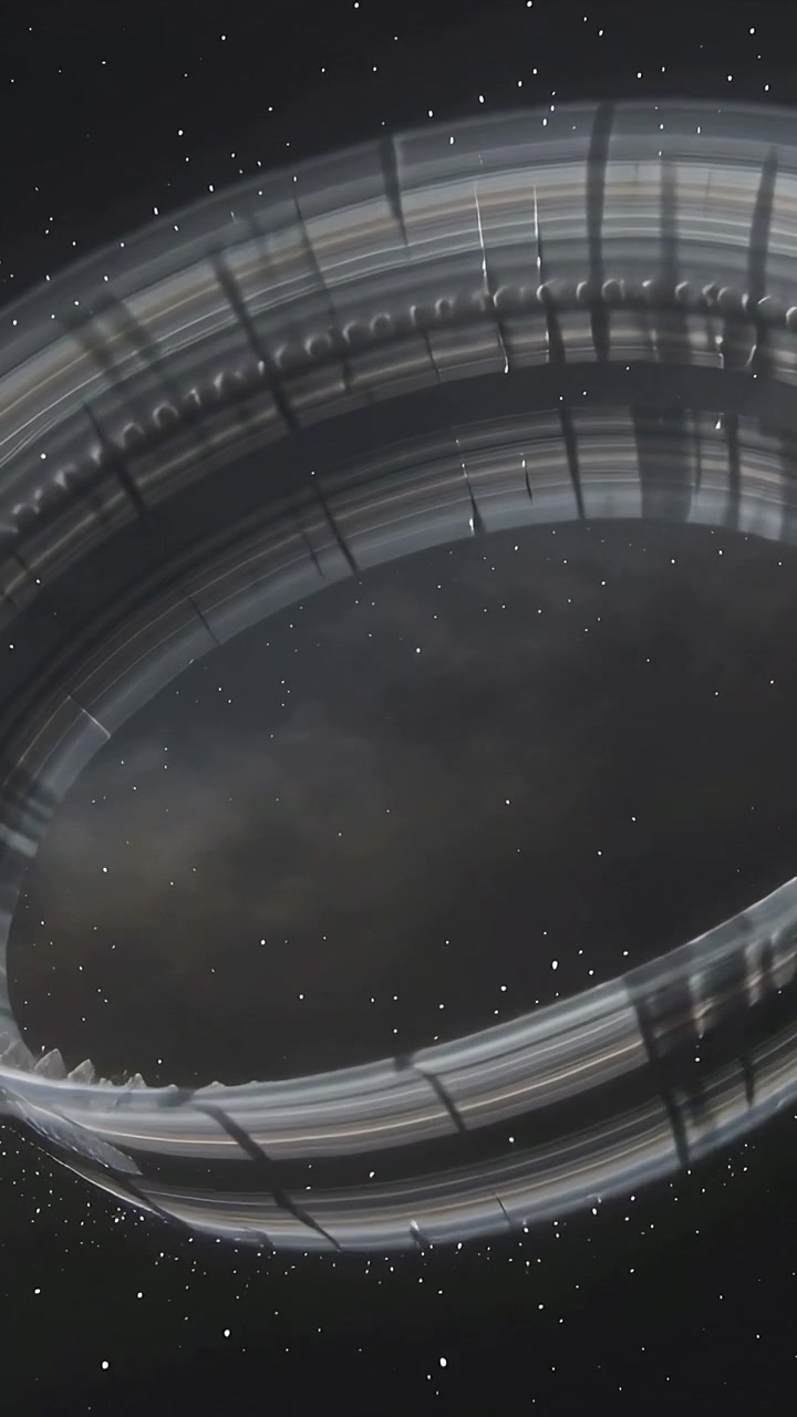 Vertical video: Rotating torus reacting to scanning light, shifting to center in nebula and stars