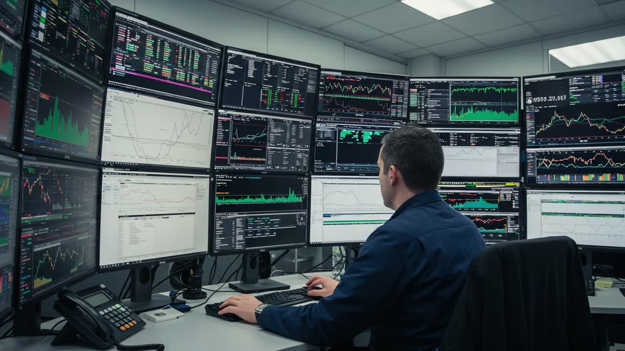A Financial Analyst Deeply Engaged at His Trading Station Surrounded by Multiple Monitors Displaying Market Data and Graphs for In-depth Analysis