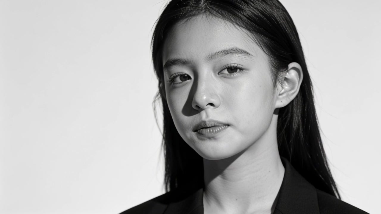 Shifting model turning head toward camera in studio posing for portrait, with blazer and soft light