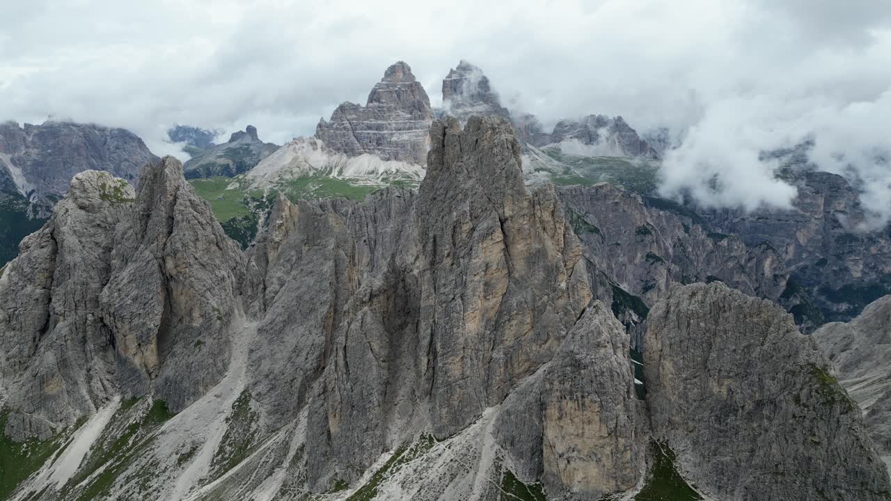 Rugged, Jagged Peaks of the Towers of Mordor in the Dolomites, Italy - Aerial Drone Shot
