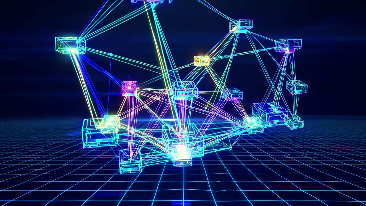 Futuristic video concept with neon 3D network nodes and glowing lines, viewed from a low angle