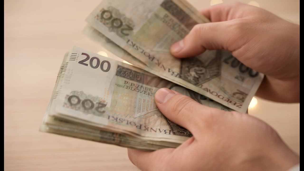 Primo piano di mani che contano banconote di Złoty polacchi