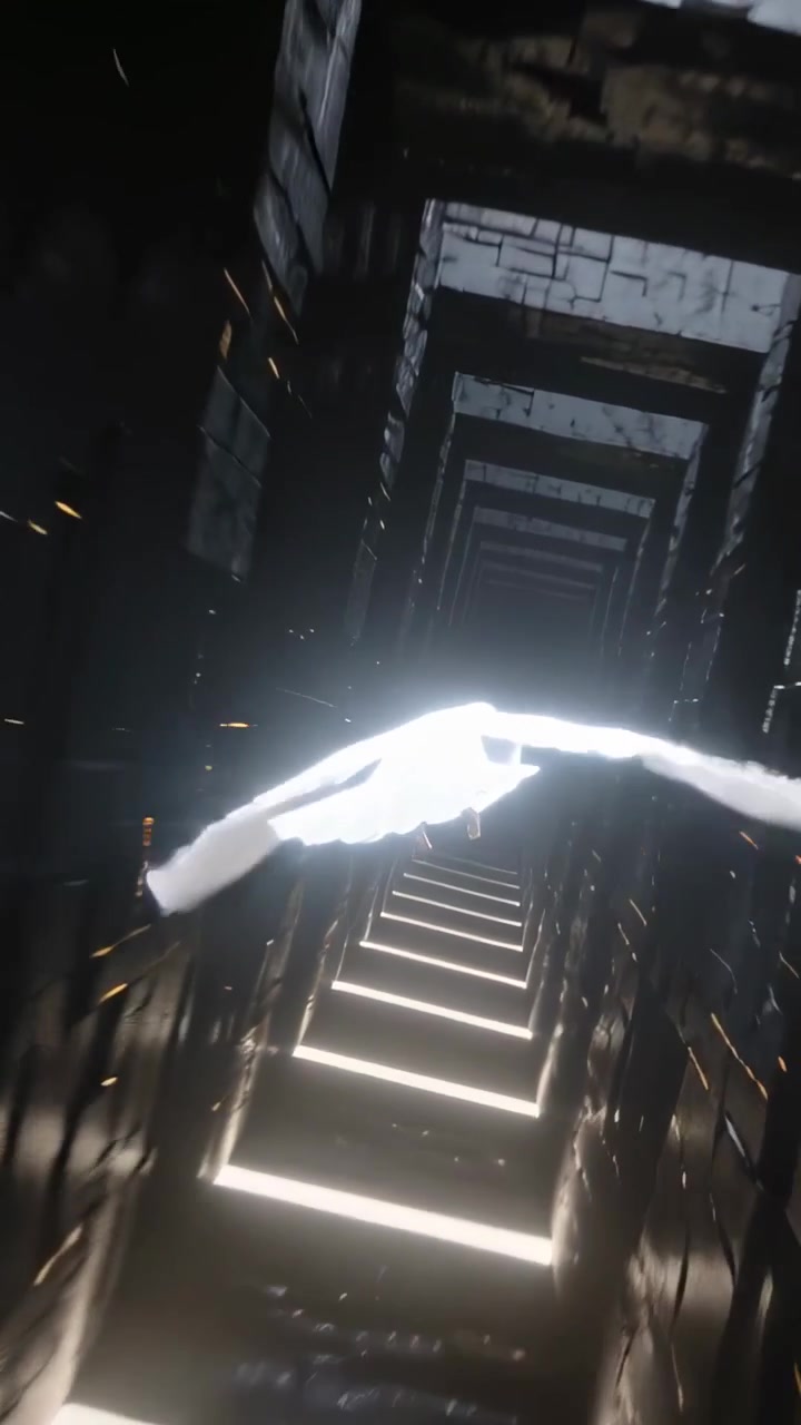 Vertical video: Appearing glowing bird flying through shaft toward openings, passing lit steps