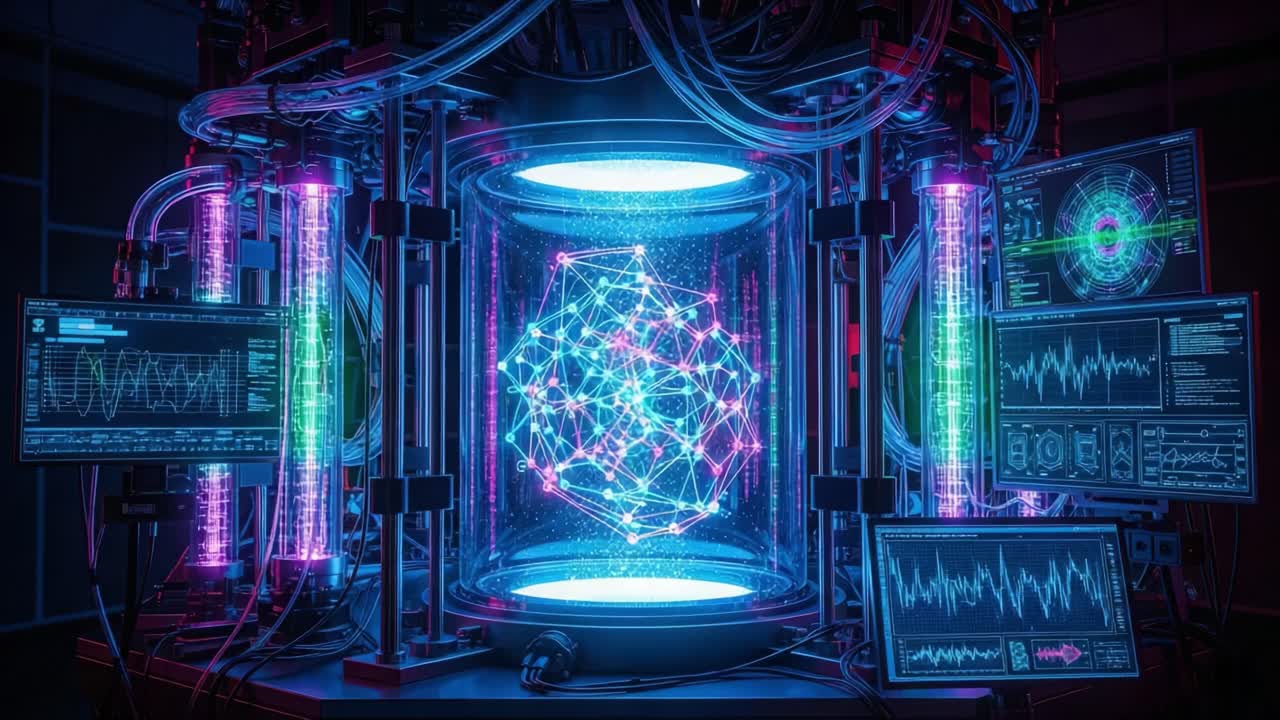 Futuristic Data Processing Chamber with Vibrant Displays and 3D Network Visualization Representing Advanced Technology and Information Dynamics