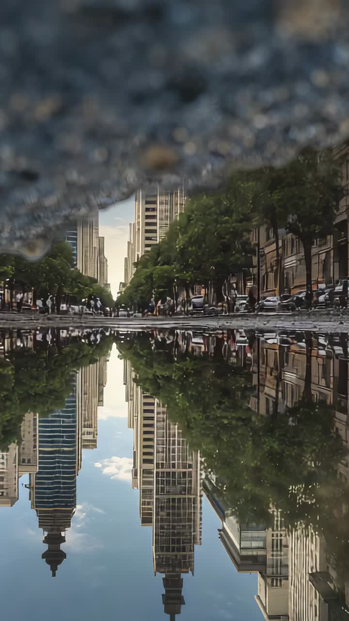Vertical video: Framing puddle reflecting urban avenue skyline, walkers making ripples in workwear