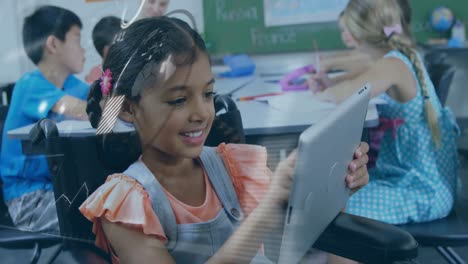 animation of data processing over disabled biracial schoolgirl sitting in wheelchair