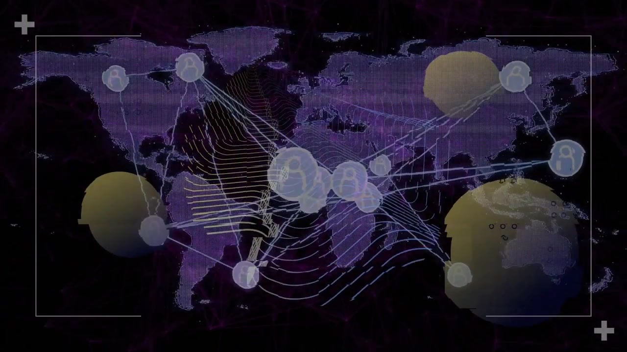 Visualizzazione di rete globale che pulsa su un'interfaccia scura, collegando punti viola sulla mappa con linee blu.