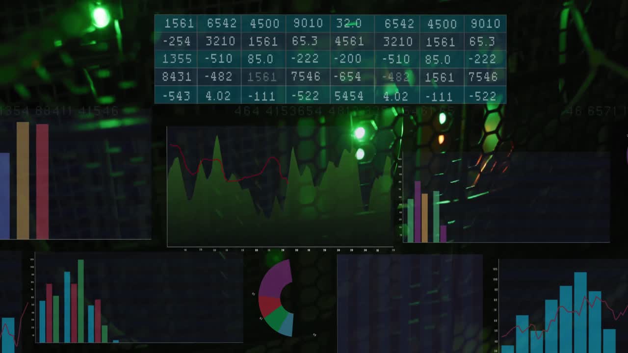 Animation of graphs and data processing on black background
