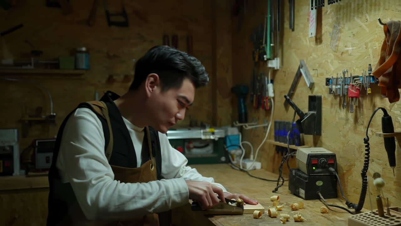 Eco friendly woodworker's shop, skilled carpenters handmade craftsman builder equals polishes wooden board with a polishing machine or random orbit sander, sanding wood block in the workshop