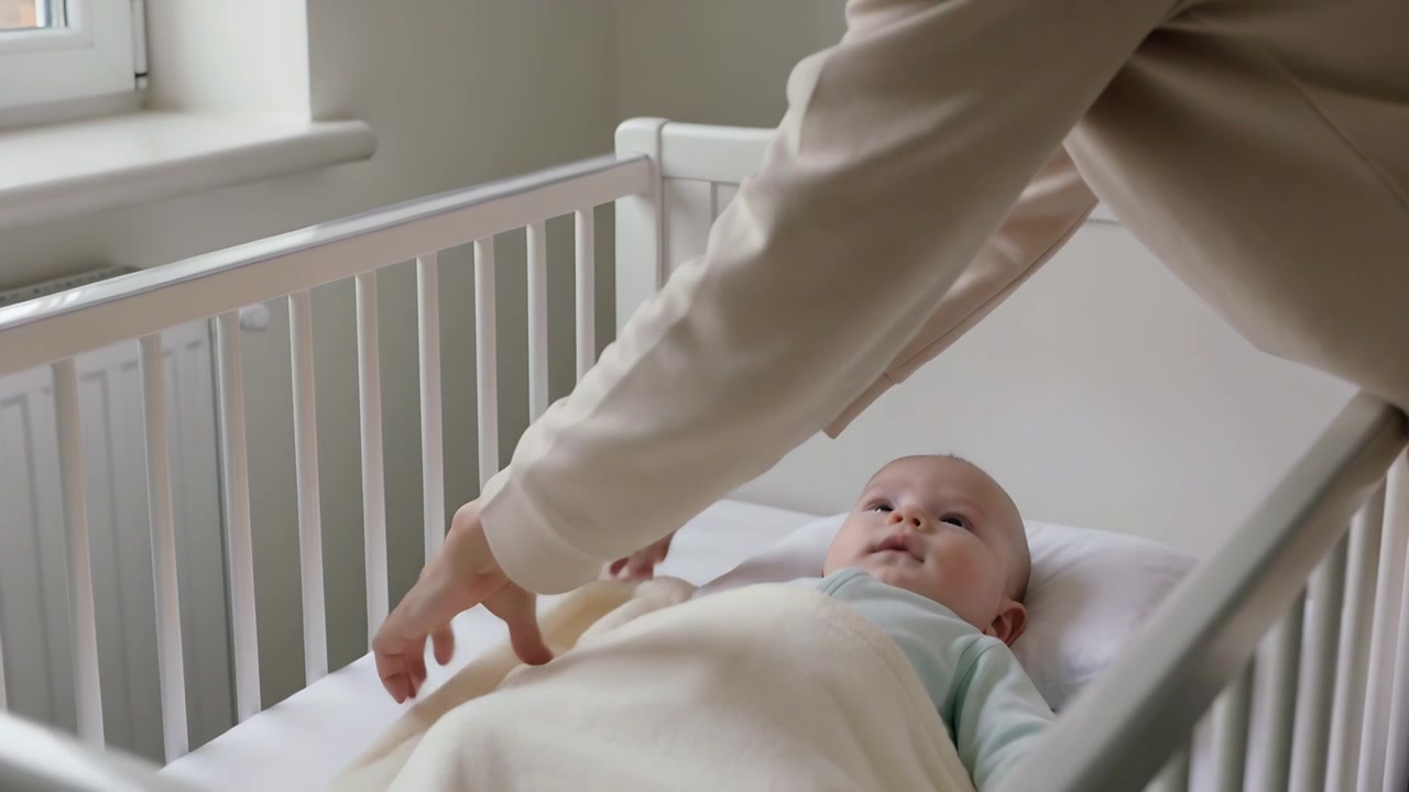 Người mẹ mặc áo dài tay màu be giữ chăn phía trên em bé, đắp chăn màu kem để giữ ấm trong cũi trắng.