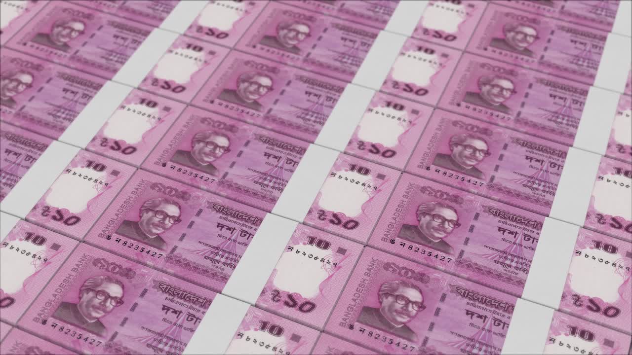 10 BANGLADESHI TAKA -seteleitä, jotka on painettu rahapainokoneella