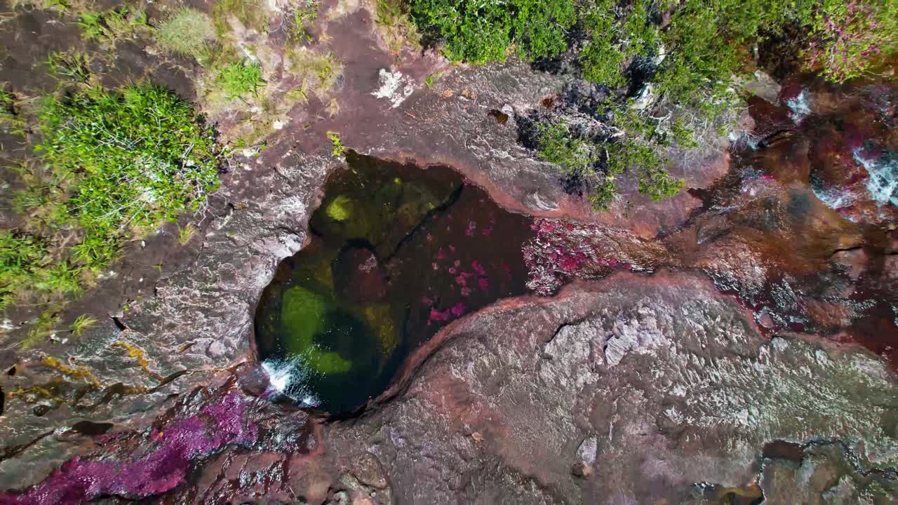 Ver directamente hacia abajo en el río caño cristales de color oxidado ...