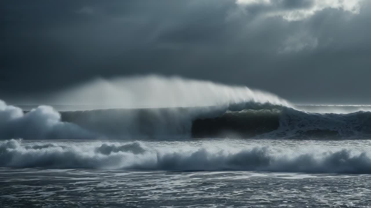 Ocean waves surging and crashing at water's edge under stormy sky, forming foam driven by winds
