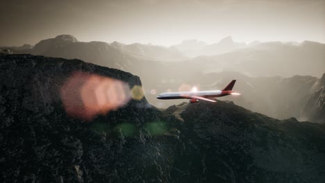 Passenger-aircraft-over-mountain-landscape