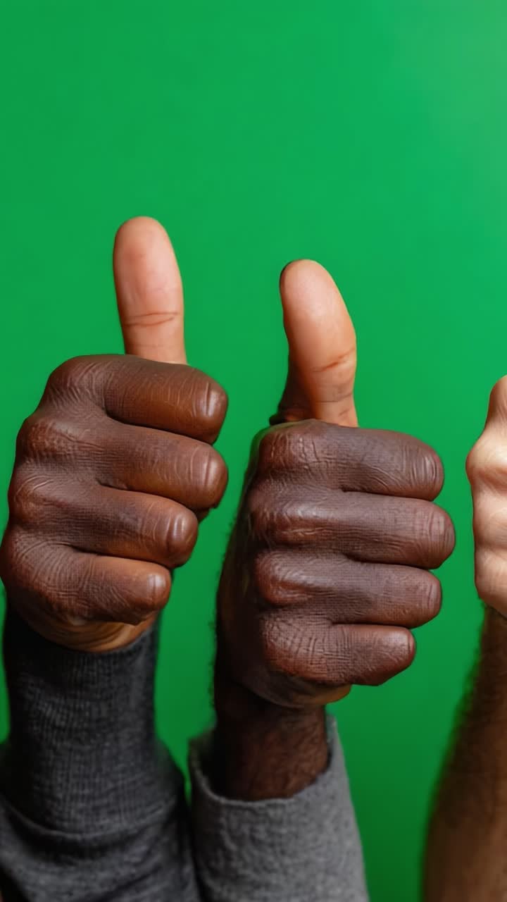 Diverse Hand Gestures: A Series of Thumbs Up Against a Bright Green Background Highlighting Unity and Positivity in Human Connection