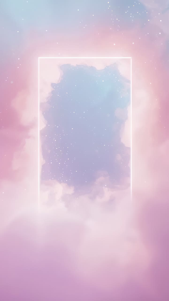 Vertical video: Materializing glowing portal frame amid pink clouds revealing deep blue star field