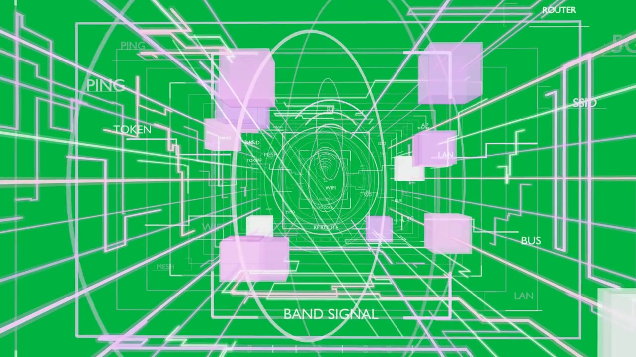Reticle starting neon tunnel opening rings sending cubes tagging nodes for network transparent BG