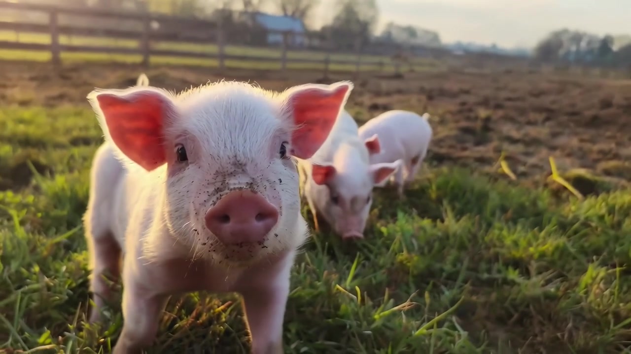 Gruppo di graziosi maialini che esplorano un campo agricolo erboso al tramonto