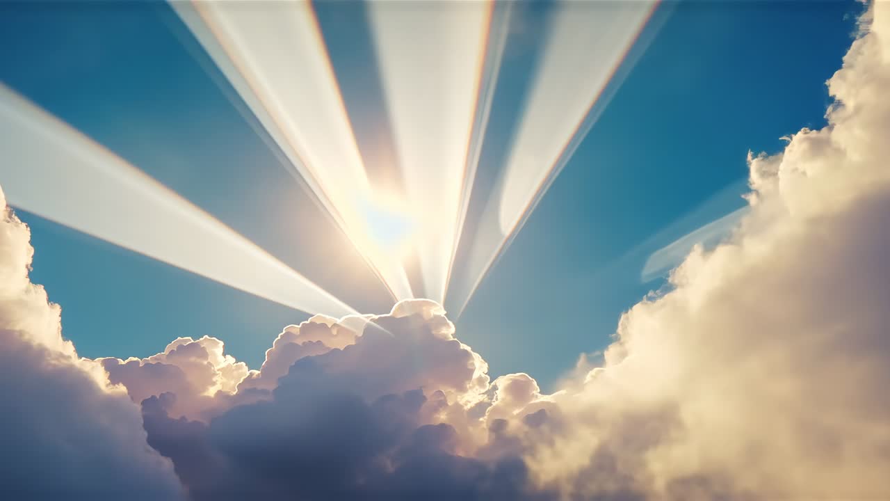 Casting central sun breaking through cumulus cloud bank over blue sky, producing multiple sunbeams