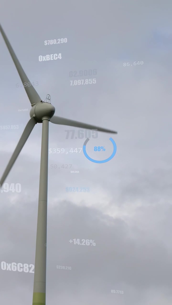 Vertical video: Turbine rotating by gust, camera panning as telemetry updating to show performance