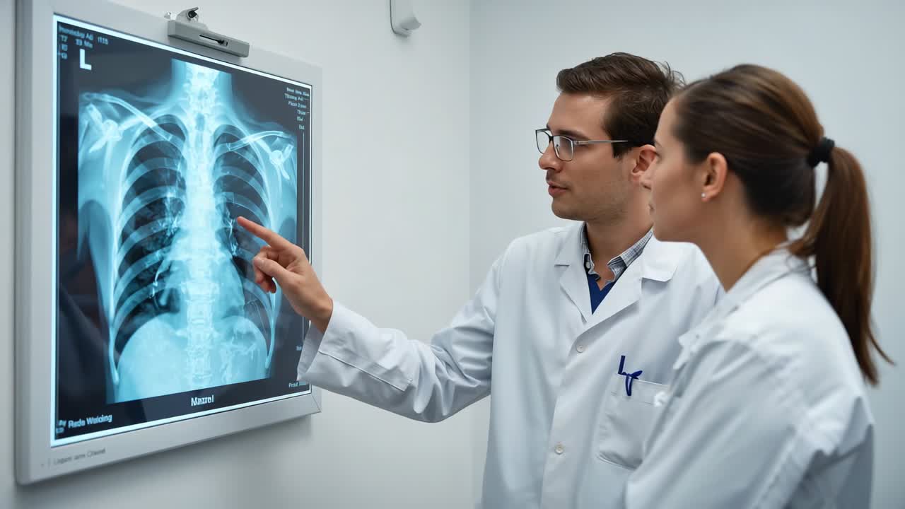 Pointing doctors in lab coats communicating lung findings in radiology, on Xray panel, copy space