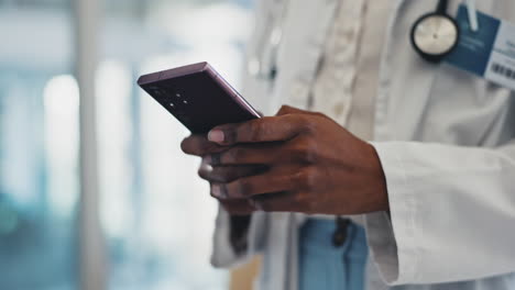 closeup, hands and doctor with a cellphone