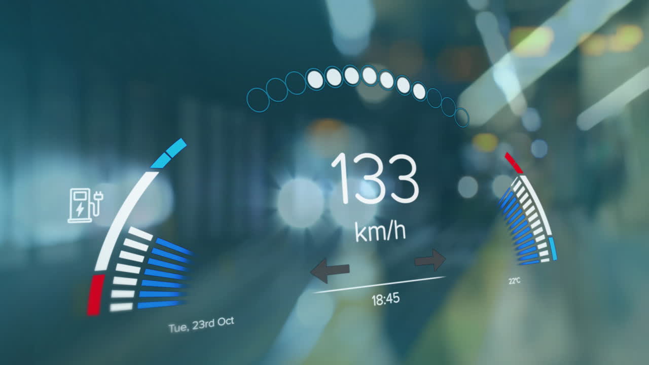 animación del procesamiento de datos del velocímetro de coches eléctricos sobre la ciudad