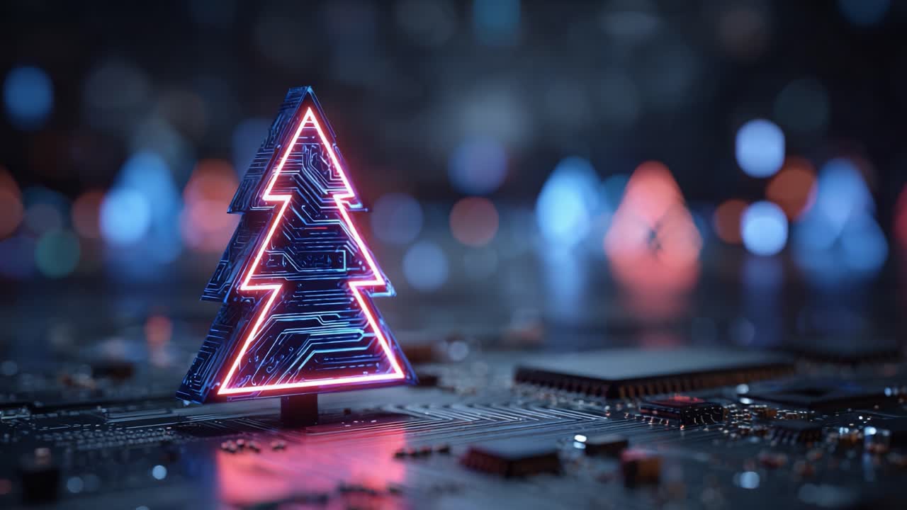 A Stunning Visual of a Futuristic Christmas Tree Displayed on a High-Tech Circuit Board, Merging the Spirit of the Holidays with Modern Technology in an Enchanting Scene
