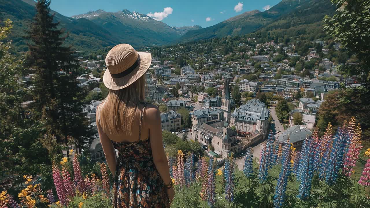 A Stunning Perspective of a Mountain Valley Town with Colorful Flowers Framing a Scenic View from a Woman's Point of View in a Beautiful Summer Day