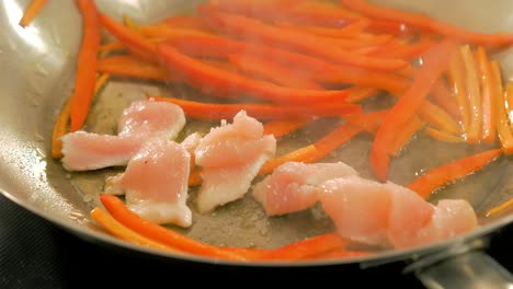 sprinkling salt over fried vegetables and chicken in a steel pan, handheld close up shot