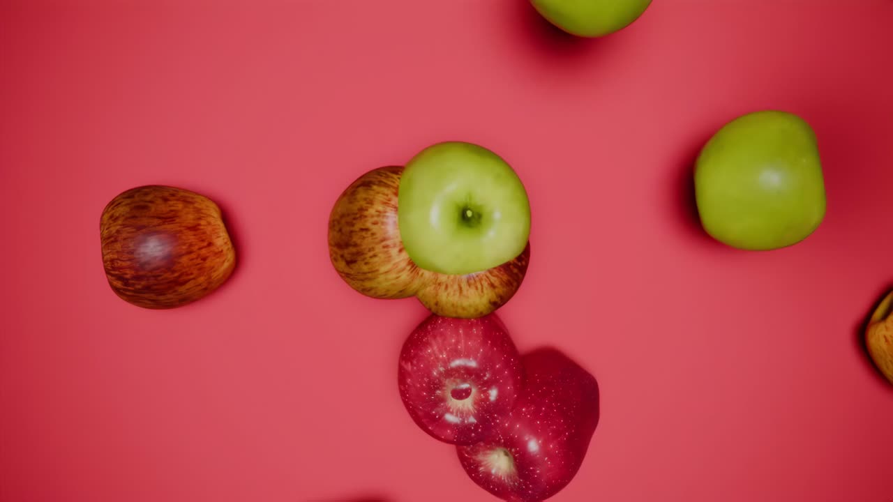 manzanas rojas y verdes sobre fondo rojo