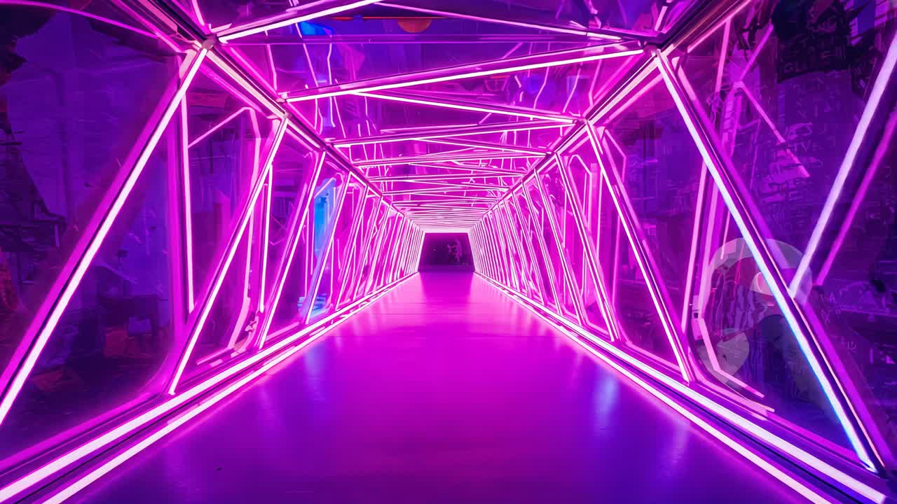 Operator starting camera, moving through lit angular frames at exhibition, capturing magenta LEDs