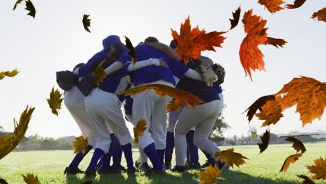 Das-Symbol-Mit-Mehreren-Blättern-Schwebt-Vor-Einem-Team-Männlicher-Baseballspieler,-Die-Eine-Gruppe-Bilden