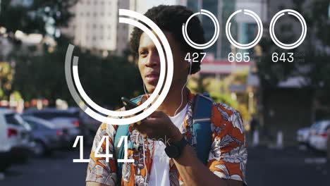 animation of data processing over african american man using smartphone in city