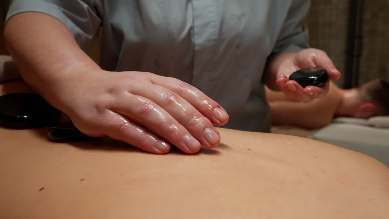 Massør placerer varme sten på en persons ryg under spa-behandling