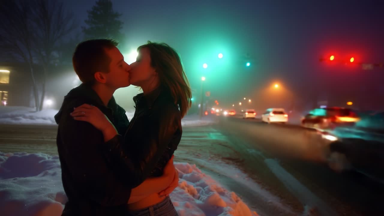 A Romantic Winter Evening Embrace: Two Lovers Sharing a Passionate Kiss Amidst Snow and Fog on a City Street, Illuminated by Distant Traffic Lights and Faded Urban Atmosphere