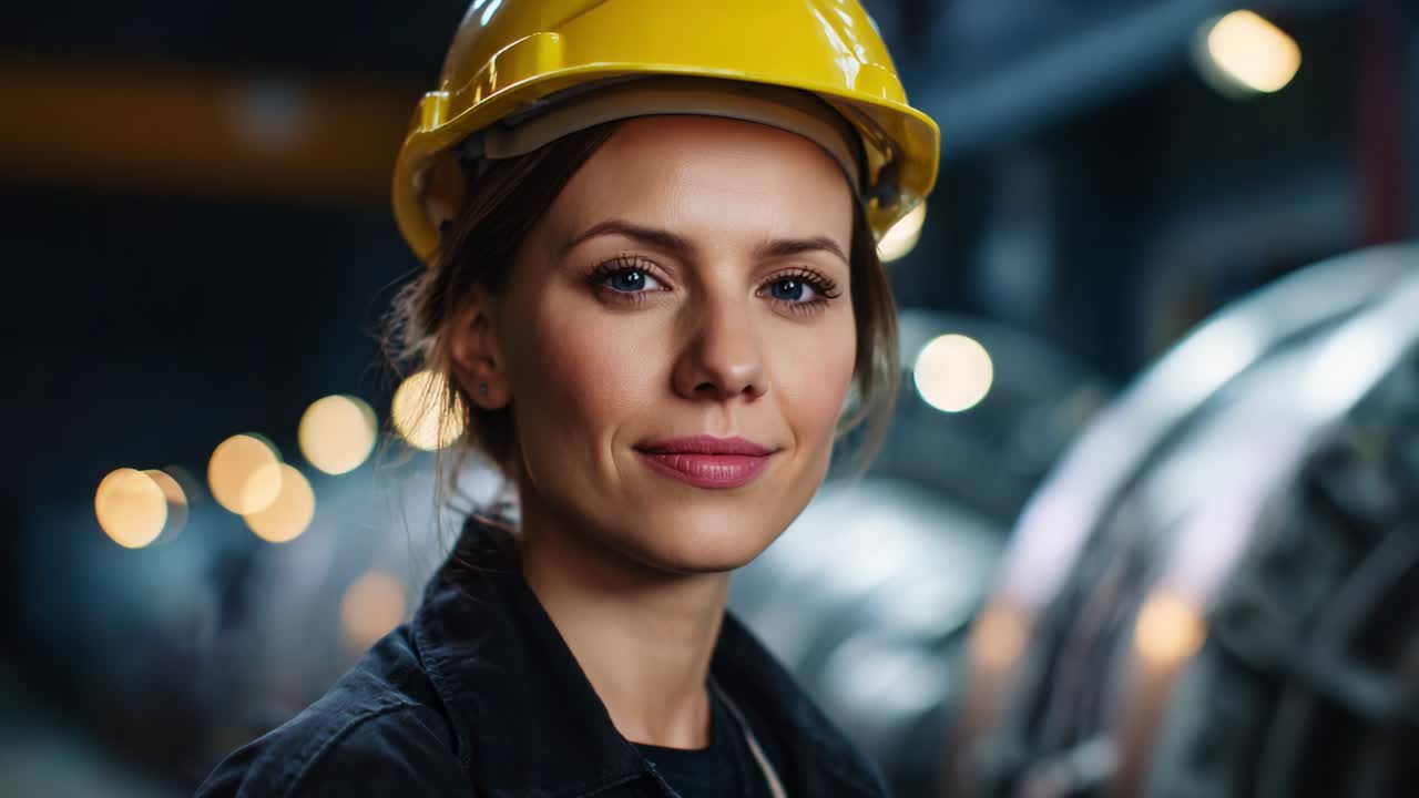 Confident Female Construction Worker Wearing Yellow Helmet in Industrial Environment, Exuding Professionalism and Dedication in the Field of Engineering and Construction Management