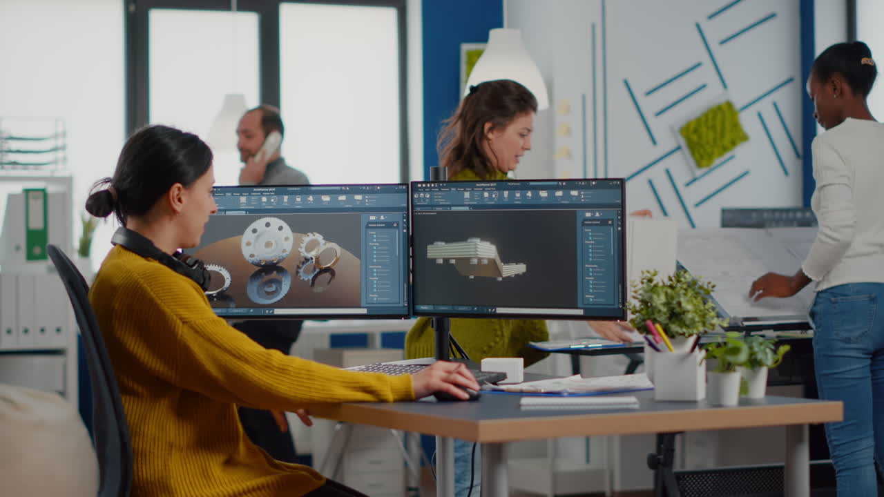 여성 산업 엔지니어가 cad 소프트웨어를 보여주는 컴퓨터를 사용합니다.