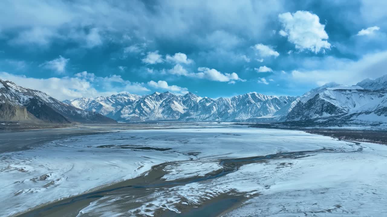 Wide angle shot of revealing snow covered landscape of Skardu during beautiful morning in Pakistan