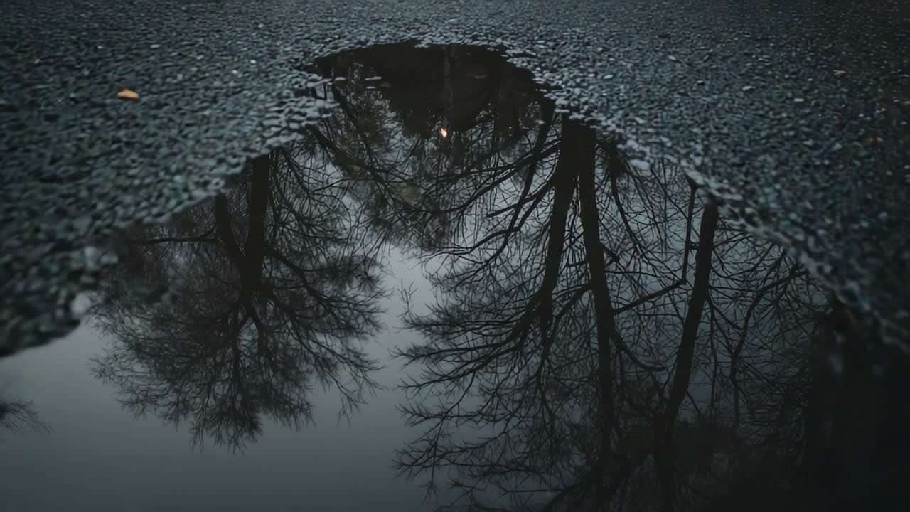 Cámara alejándose que muestra un charco poco profundo que refleja ramas desnudas sobre asfalto mojado, con ondulaciones a la deriva