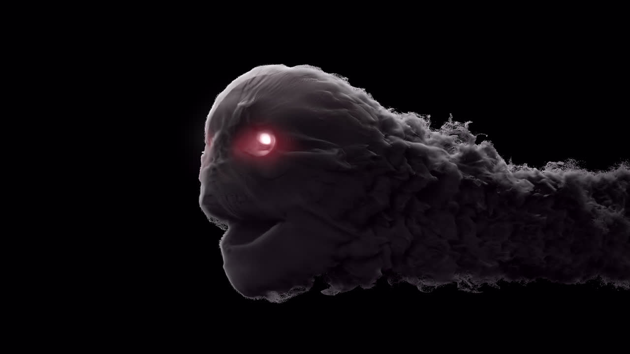 cráneo de humo volador con ojos rojos brillantes con canal alfa