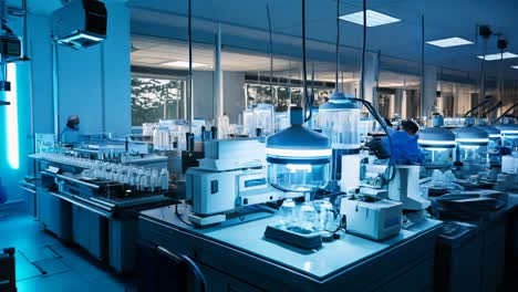 scientists conducting research in a modern laboratory during the evening