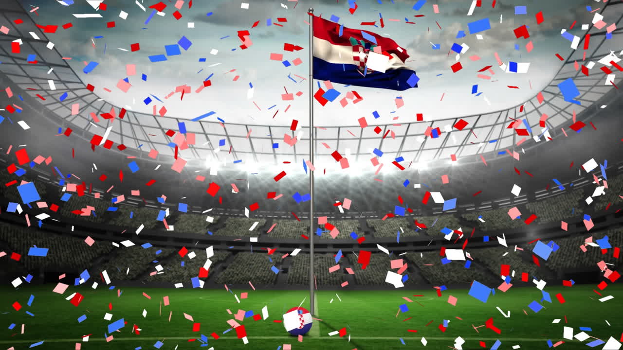 스포츠 스타디움에 대한 크로아티아 발을 흔들고 있는 다채로운 콘페티의 애니메이션