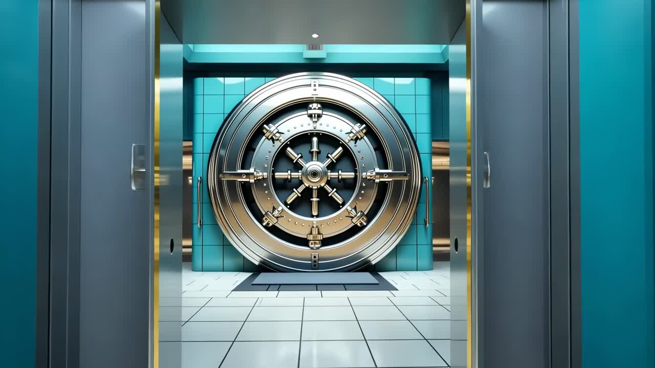 Doppie porte futuristiche in un corridoio moderno ed elegante. L'angolazione bassa enfatizza la simmetria e la finitura metallica