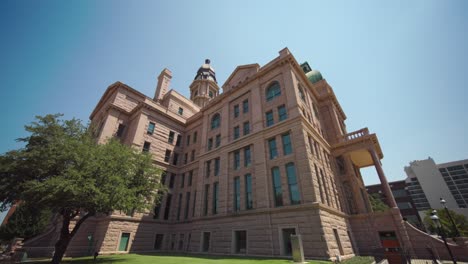 Low-angle-wide-angle-shot-of-the-Tarrant-County-Courthouse-in-Fort-Worth,-Texas