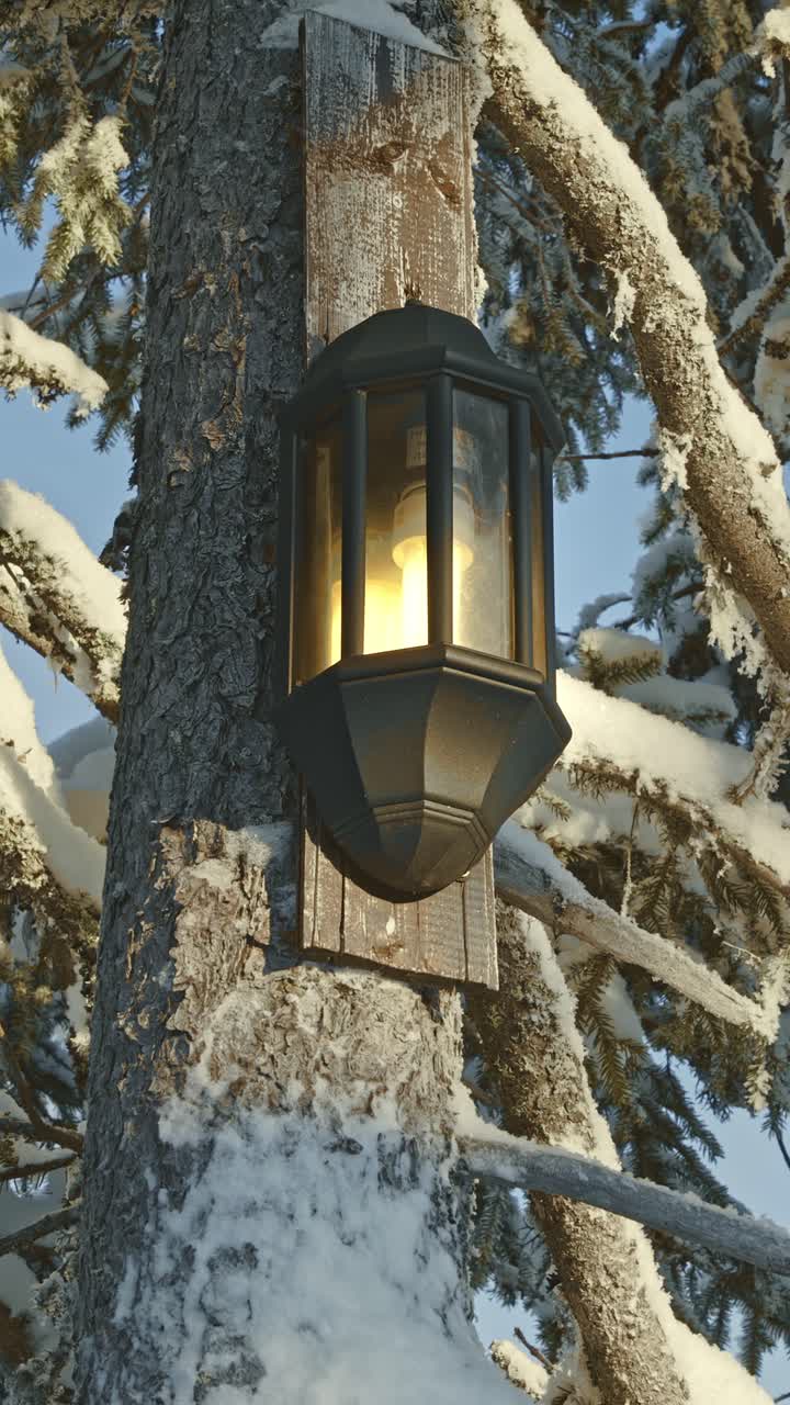 Luce di lanterna nera che brilla su un albero sempreverde coperto di neve in una foresta invernale, Sjusjøen, Norvegia, catturando la luce pacifica del primo mattino e un paesaggio innevato in verticale 4K