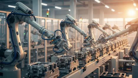 advanced robotic arms performing precision assembly in a modern industrial environment: a showcase of automation technology and efficiency in manufacturing processes